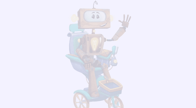 An animated robot on a tricycle joyfully waving his arms.